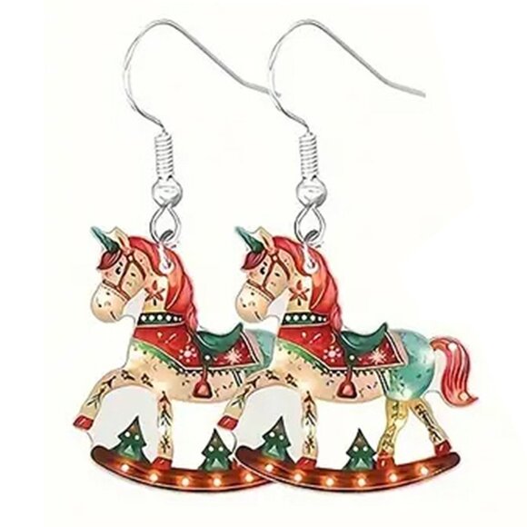Rocking Horse Christmas Holiday Earrings - Picture 2 of 2